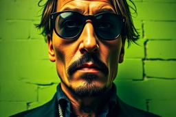 Close Up, Full Color Painting Of Johnny Depp, Sunglasses, green Wall Background, Insane Details, Intricate Details, Hyperdetailed, Low Contrast, Soft Cinematic Light, Dim Colors, Exposure Blend, Hdr, Front