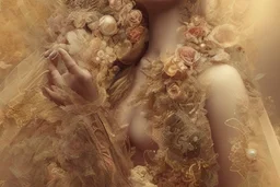 double exposure, merged layers, Beautiful composition of different fabrics, embroidered tulle with jewels, lace and raw pearls, silk, velvet, burlap, double exposure, heart, waterfall, golden glitters in sunshine