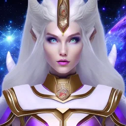 cosmic mage, elf, female, battle mage, epic, cosmic magic, long ears, white hair, face details, pale skin, jewellery, broad shoulders, sharp ears, cosmic clothes, cosmic eyes, ears shown, light out of eyes, the cosmos in eyes, stars in eyes, shining eyes, non human face, thin face, animation, detailed ears, magical eyes, non realistic, closed mouth