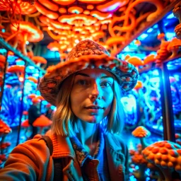 AI hippie selfie in strange twisted psychedelic fluorescent mushroom mirror arcade hall , photo-realistic, shot on Hasselblad h6d-400c, zeiss prime lens, bokeh like f/0.8, tilt-shift lens 8k, high detail, smooth render, down-light, unreal engine, downlight