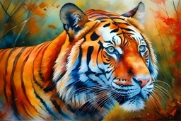 Watercolor painting of Portrait of majestic red tiger in Autumn Fall, oil paintings landscape