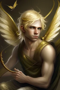 fee, männlich, Libellen-Flügel, hellblondes, fast weißes, unordentliches Haar, mittelalterliche Laute spielend, lange spitze Ohren, goldene Augen, realistisch, kindliches aussehen
