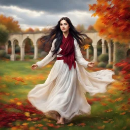 Hyper Realistic Photographic-View of Extremely-Beautiful Young Happy Pashto Girl With Long-Black-Hair-Beautiful-Eyes-&-white-frock-with-maroon-shawl-tied Whirling in Autumn-Weather with cloudy sky in-a-garden-with-grass-arches showing dramatic & cinematic ambiance.