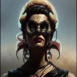 painted portrait of evil goddess in black leather, angry, strong, volouptous, busty, cleavage, emperious, highly detailed, digital painting, artstation, concept art, smooth, sharp focus, illustration, art by gaston bussiere and alphonse mucha