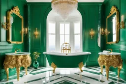 Malachite bathroom with a white marble bathtub on gold baroque legs, a marble sink with a gold vase faucet, and a gold-framed oval mirror with a gold towel holder, in an eccentric, luxurious style, high fetailed, cinematic