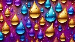 Hyper Realistic Blue-Rain-Drops on golden-maroon-&-purple groovy-retro grungy-backgrounds