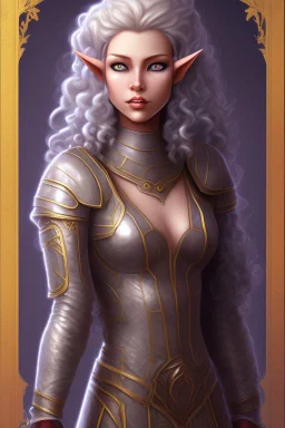 Female elf twilight cleric in a silver robe with blue curly hair and golden eyes