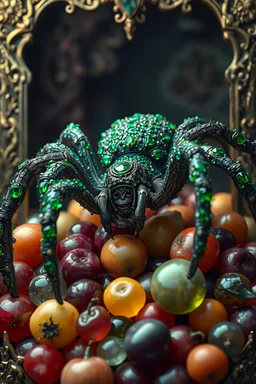 a spider covered with small emeralds, sitting on a pile of fruits, ash Thorpe, ornate colored stones, frightening art in color, rococo ecopunk, the caretaker, a frame from the animated horror film "necrosis", inspired by Olga Bozhnyanskaya, very detailed and hypnotic, in the style of Giger.