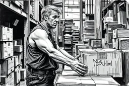 a working man (light swedish hair) pushing objects in a factory, sweating really hard, muscles are exploding, the man have worked through years of day and night never ending, black and white hard marker painting rough style, he pushing boxes and ibc
