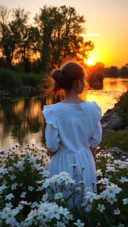 A girl by the river at sunset surrounded by white flowers