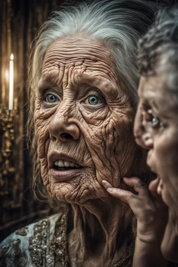 a young girl looking herself in the mirror with shock on her face, an old woman face reflecting in the mirror, hyper realistic, ultra detailed, stunning intricate details, HDR, beautifully shot, hyperrealistic, sharp focus, 64 megapixels, perfect composition, high contrast, cinematic, atmospheric, moody Professional photography, bokeh, natural lighting, canon lens, shot on dslr 64 megapixels sharp focus