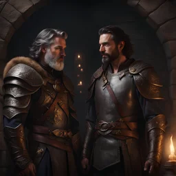 Gay couple, Oscar Isaac druid and Paul Rudd paladin, Dungeon and Dragon 5E style, fantasy, concept art, dynamic lighting, hyperdetailed, intricately detailed, trending on Artstation, volumetric lighting