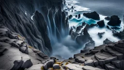This mesmerizing ocean cliff scene captures the dramatic power and beauty of nature. Towering rugged cliffs stand majestically against the vast expanse of the ocean, where the water pours into a singular bottomless pit. The cliffs, with their sharp and jagged edges, create a stark contrast to the rough, flowing water, making the scene even more captivating. Sunlight pierces through the mist rising from the waterfalls, creating a magical, ethereal atmosphere