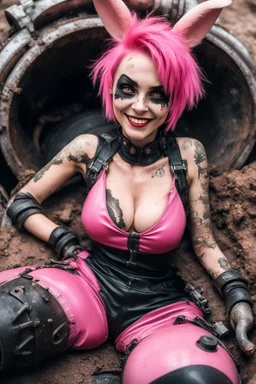 Closeup Tank girl smiling, lying pose, rabbit mask, pink and black short hair, latex suit, ragged clothes, fullbody, dieselpunk, valves and old cars behind, the perspective looking up from the bottom of an empty well , 8k,macro photography,