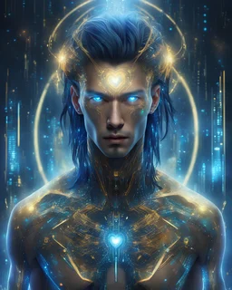 In a vast digital landscape, 6M4, a captivating male cybernetic entity, emerges with eyes harmonizing golden and azure tones, radiating intensity. Pupils dance with binary codes, witnessing his connection to the heart of the digital cosmos. Dark, holographic hair cascades, revealing reflections, while luminous holographic tattoos echo his personality. Cloaked in futuristic attire, 6M4 embodies a walking canvas, representing digital personas. Venturing into the digital landscape, he observes the