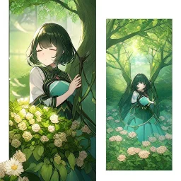 anime girl sleeping in a field of flowers, under a weeping willow tree, with a btterfly on her nose, zoom out, making the image smaller