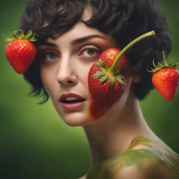 An amusing parody, a young, extremely beautiful woman decomposing into a zombified strawberry with 1st degree burned skin and pixie-cut hair, 4k, 8k, 32k UHD, Hyper realistic, extremely colorful, vibrant, photorealistic, realistic, sharp, highly detailed, professional quality,