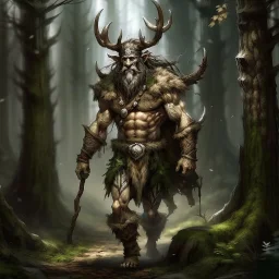 large muscular firbolg man covered with fur and vines with antlers walking in the woods fantasy digital art