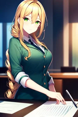 girl, masterpiece, best quality, cinematic lighting, detailed outfit, perfect eyes, golden hair, green eyes, long hair, braided ponytail, office lady, side shot, working at desk,