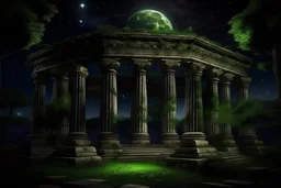 old ancient abandoned temple in ruins broken roman style columns circular at night moss vegetation stars in the night sky a few alcoves
