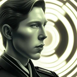 portrait, general hux, wearing a black First Order uniform, serious, imposing figure, thick eyebrows, digital art, red light coming from the left and blue light coming from the right cinematic lighting, wearing a black First Order uniform, green eyes