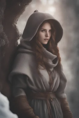 DnD style, medieval woman dressed in warm winter clothes