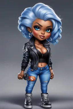 create an airbrush illustration of a chibi cartoon voluptuous black female wearing a blue jean outfit with biker boots. Prominent make up with hazel eyes. Extremely highly detail of a very low platinum blonde pixie haircut. Background of a bike show.