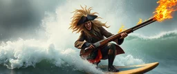 pirate shotgun mozart playing with his wig, looking hot and crazy on a surfboard on a big wave, fire storm and stone