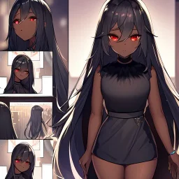 Clear focus,8k,Beatiful Lighting,Detailed,black long hair,fluffy hair, long fluffy bangs, red eyes, wearing a black outfit with a short black skirt, brown skin color