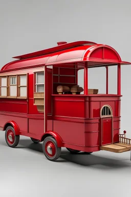 4 wheels big red colored caravan which can be lived in all seasons
