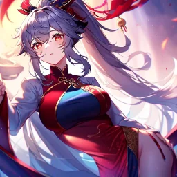 girl, masterpiece, best quality, volumetric lighting, detailed outfit, perfect eyes, vibrant colors, white long hair, vibrant red eyes, messy hair, ponytail, chinese clothes,