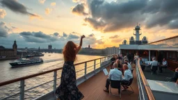 UK oxford street over times river, on wide deck of a big moving ship beautiful lady dancing to camera ,ochestra players sitting around and playing music ,ships in river, cloudy sky,sunset,golden sky