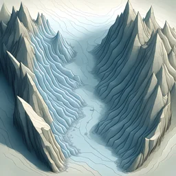 Create an illustrated aerial perspective of a crevasse with jagged edges. The style should resemble that of a battle map, with detailed features and textures. The crevasse should appear deep and menacing, with sharp rocks protruding from the edges. The surrounding terrain can be rugged and barren, adding to the sense of desolation and danger.