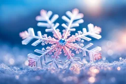 Beautiful enlighten entire cristal snowflake on the winter sunny morning ,blue pink sky, Miki Asai Macro photography, entire but close-up, hyper detailed, trending on artstation, sharp focus, studio photo, intricate details, highly detailed,