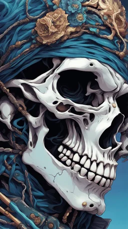 a close up of a person with a skull on their head, blue and black colors, anime skull portrait man, scary detailed art in color, hiroyuki-mitsume takahashi, nychos art aesthetic, half man half skeleton, anime cyberpunk art, colored manga art, rossdraws pastel vibrant, hot colors. insanely detailed, beautiful anime portrait, stunning anime face portrait, scary art in color