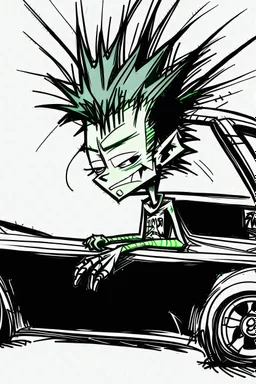 2d drawing of a stickman, cool with punk hair, x eyes like in hangman, sideview of him sitting in a car, arm slightly lifted and resting on door