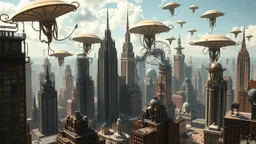 a stunningly weird image of a futuristic metropolis using Salvador Dali's paranoiac-critical method, where buildings and structures appear to melt into the skyline cityscape is filled with floating medusas and mad, twisted metal shapes that interact with the buildings and each other, forming a surreal tableau of a dreamlike reality. neu-steampunk vibe, essence of the scene in a cinematic manner, with dramatic shadows that enhance the distorted perspectives and bizarre mood