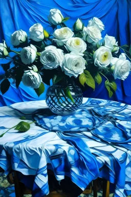 witte rozen op een tafel met blauw tafelkleed geschilderd als vincent van gogh