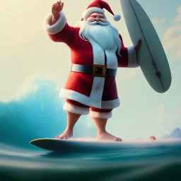 Santa standing of surfboard surfing a big wave, surfboard, beach, character design by cory loftis, fenghua zhong, ryohei hase, ismail inceoglu and ruan jia. unreal engine 5, artistic lighting, highly detailed, photorealistic, fantasy