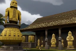 A pale ivory yellow district with a voodoo house in a thunderstorm designed in Moai statues