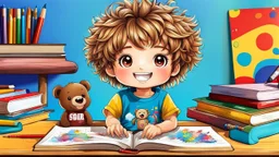 detailed digital art style, cute anime, detailed chibi face with smile, sitting on school desk in hand a bear toy, in colorful t-shirt and short paint, , messy hair random drawing background, child book style, highly detailed, no photorealism