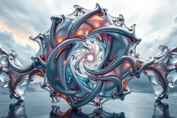 Dynamic complex hypnotic fractal 3D structures horizontal Symmetry twisting and morphing between organic and geometric forms , smooth translucent iridescent glass with inner glow and bubbles, varied transparent materials, stormy skies, intense dramatic