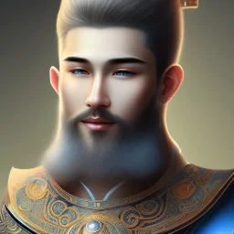 magnifique bel homme asiatique souriant ,yeux bleus,avec vetement et couronne celtique,cheveux clairs, fond bleu clair