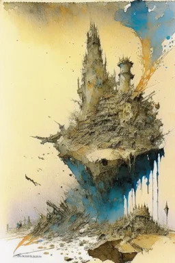 Destroyed City, war, debris, stone, breched, brocken, Perspektiv from the sky, by Jean-Baptiste Monge, Ivan Bilibin, Albert Bierstadt, Reza Badrossama, watercolor ink, pencil sketch, splash art, intricate details, fantasy, beautiful, oil on canvas, award winning, imperial colours, fantastic view, radient colours, very attractive, crisp quality