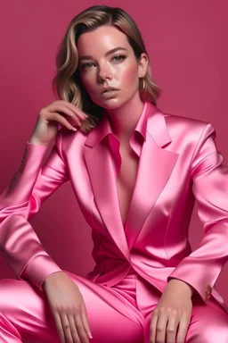 hot woman in pink satin suit