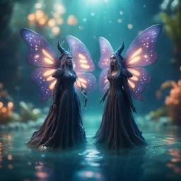 two illithid witches with butterfly wings under water in well lit well ,bokeh like f/0.8, tilt-shift lens 8k, high detail, smooth render, down-light, unreal engine,bokeh like f/0.8, tilt-shift lens 8k, high detail, smooth render, down-light, unreal engine