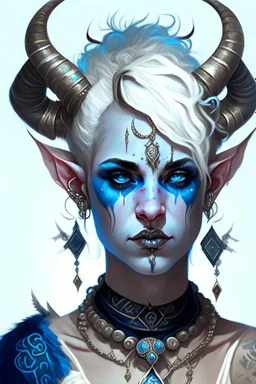 A young tiefling woman with a set of ram horns on her head encrusted with jewels, White-Blonde, short hair, black eyes, dressed in white and blue with lots of jewelry, beautiful, tattoos on her neck