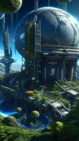 sci fi planet, space station, spires, plants