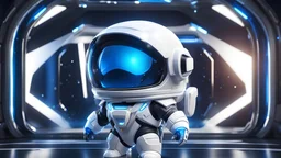 chibi, high quality, ray tracing, streamlinerai space suit, stylized, shiny white, full of reflections, blue glowing lights, futurism, clean edges, Tinted windows, cartoon rendering