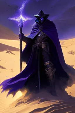 Thanos is the god of power and evil The commander wears a black cloak and a long coat with long combat boots and a long spear with a hat under his cloak with blue flame eyes, a sword like a spear The sun in the palm of a brave man in the middle of the desert